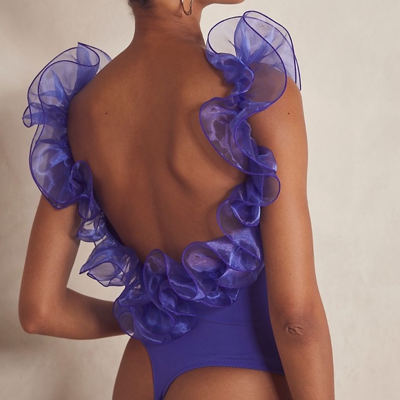 Free People Haute Wired Bodysuit Ruffles Tulle Trim Canyon Iris - Picture 3 of 6